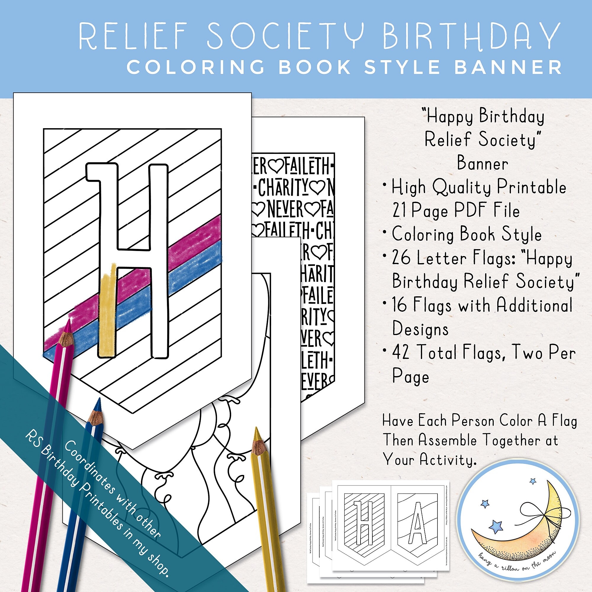 LDS Relief Society Happy Birthday Party Banner Coloring Book Style 42 Printable Flags Digital Download Etsy