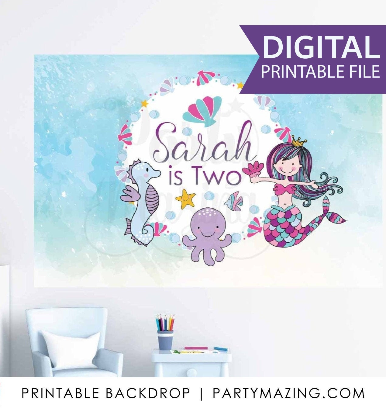 Mermaid Backdrop Printable Sign E235 Partymazing