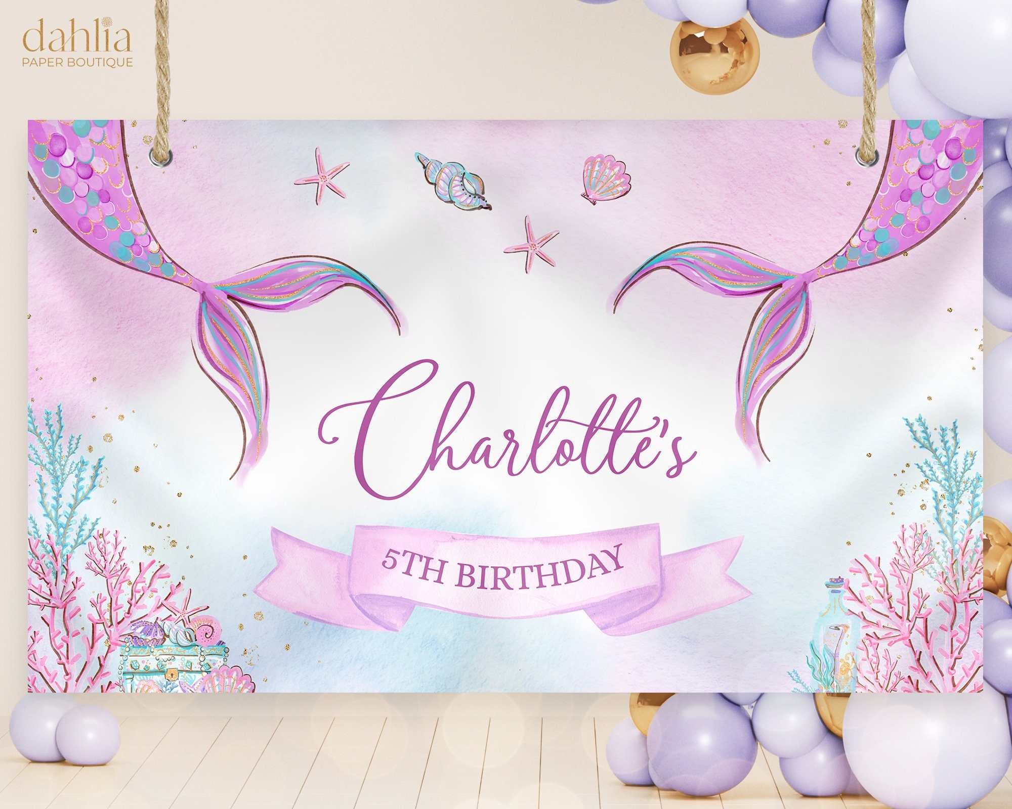 Mermaid Birthday Backdrop EDITABLE Under The Sea Party Banner Template Magical Mermaid Party Decor Girl Birthday Party Purple KP030 Etsy