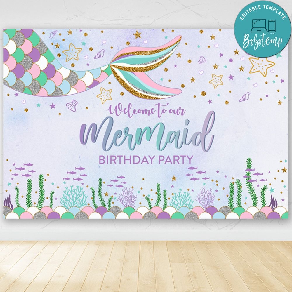 Mermaid Birthday Party Banner Backdrop Printable DIY Bobotemp
