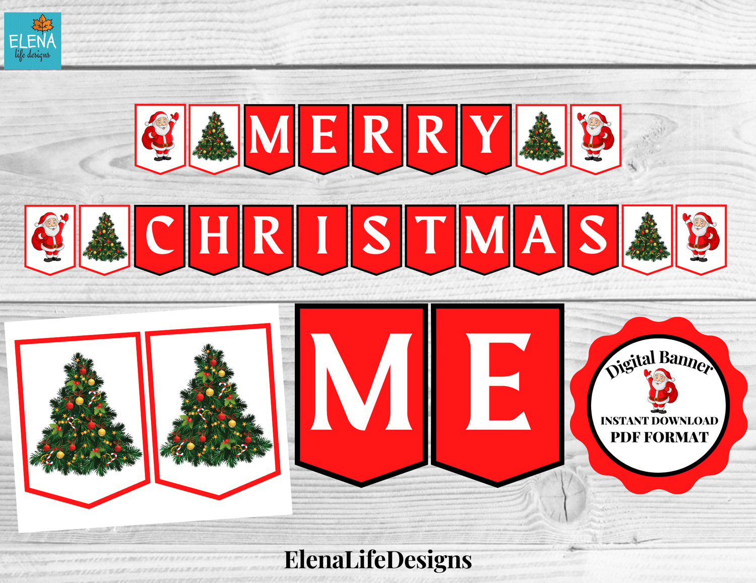Merry Christmas Banner Printable Merry Christmas Instant Download Banner Merry Christmas Digital Banner Santa Claus And Christmas Tree Payhip