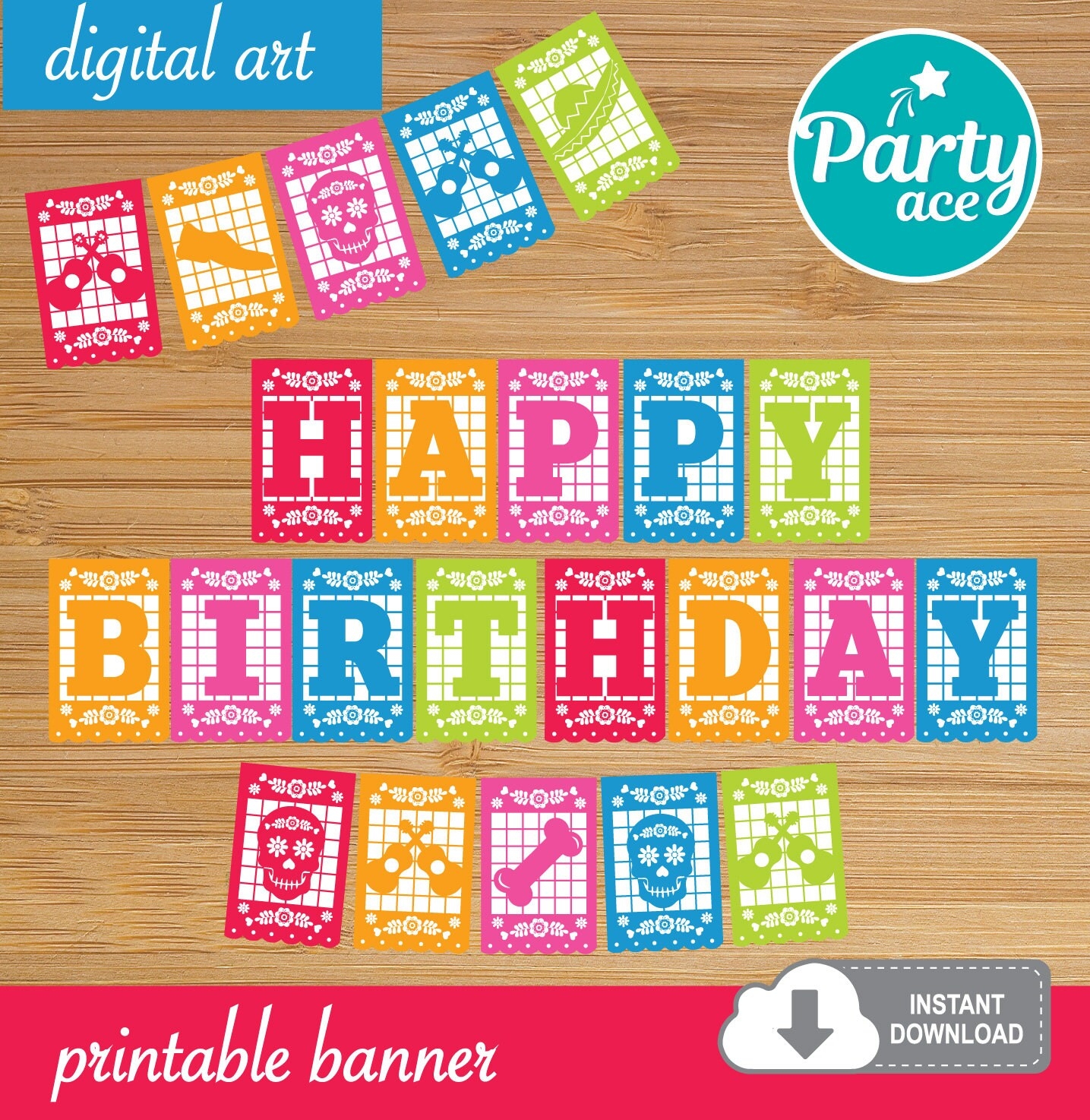 Mexican Happy Birthday Printable Banner For Party Decoration Coco Printable Banner Fiesta Mexicana Papel Picado Cinco De Mayo Coco Party Etsy
