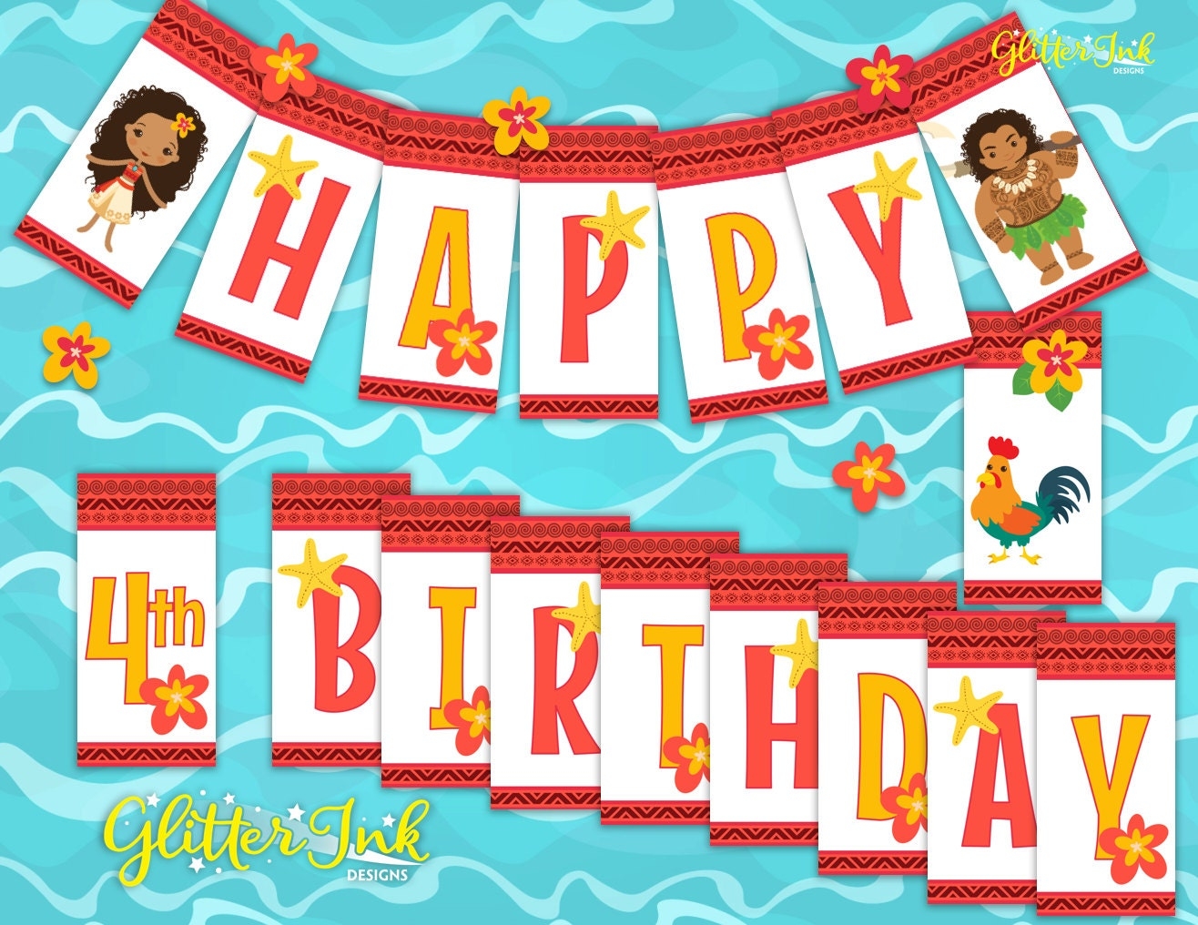 Moana Printable Party Banner Moana Happy Birthday Banner Moana Decorations Moana Party Decor Maui Flag Banner Etsy