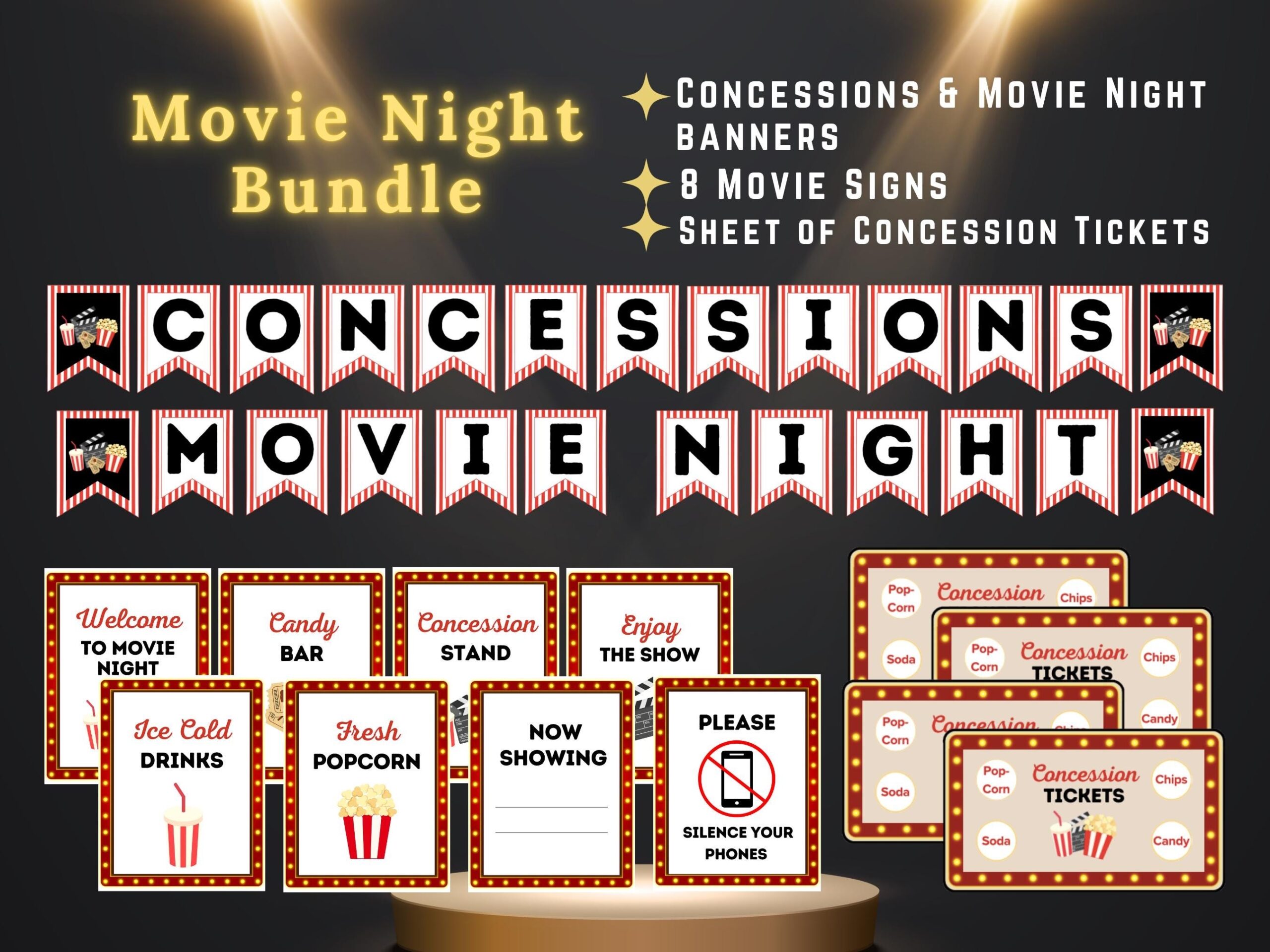 MOVIE NIGHT Party Bundle Movie Banner Movie Snack Tickets Movie Signs Concessions Banner Theater Party Family Movie Pdfs Etsy