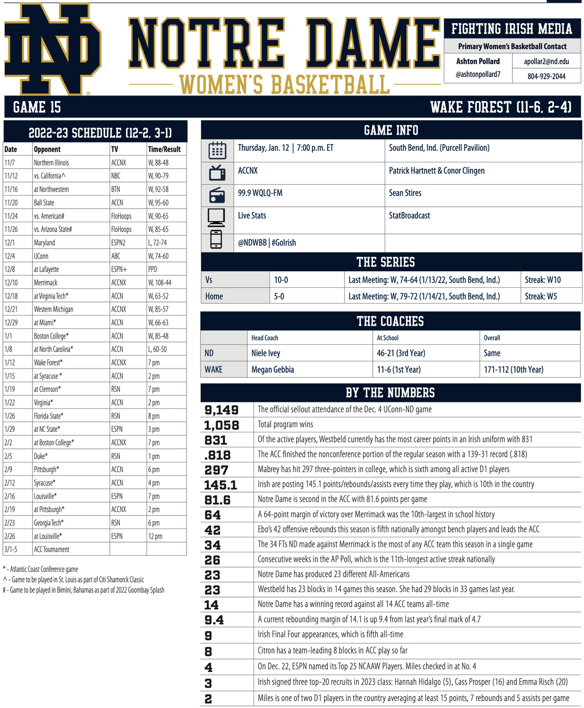 Notre Dame Women s Basketball Quick Preview Irish VS Wake Forest One Foot Down