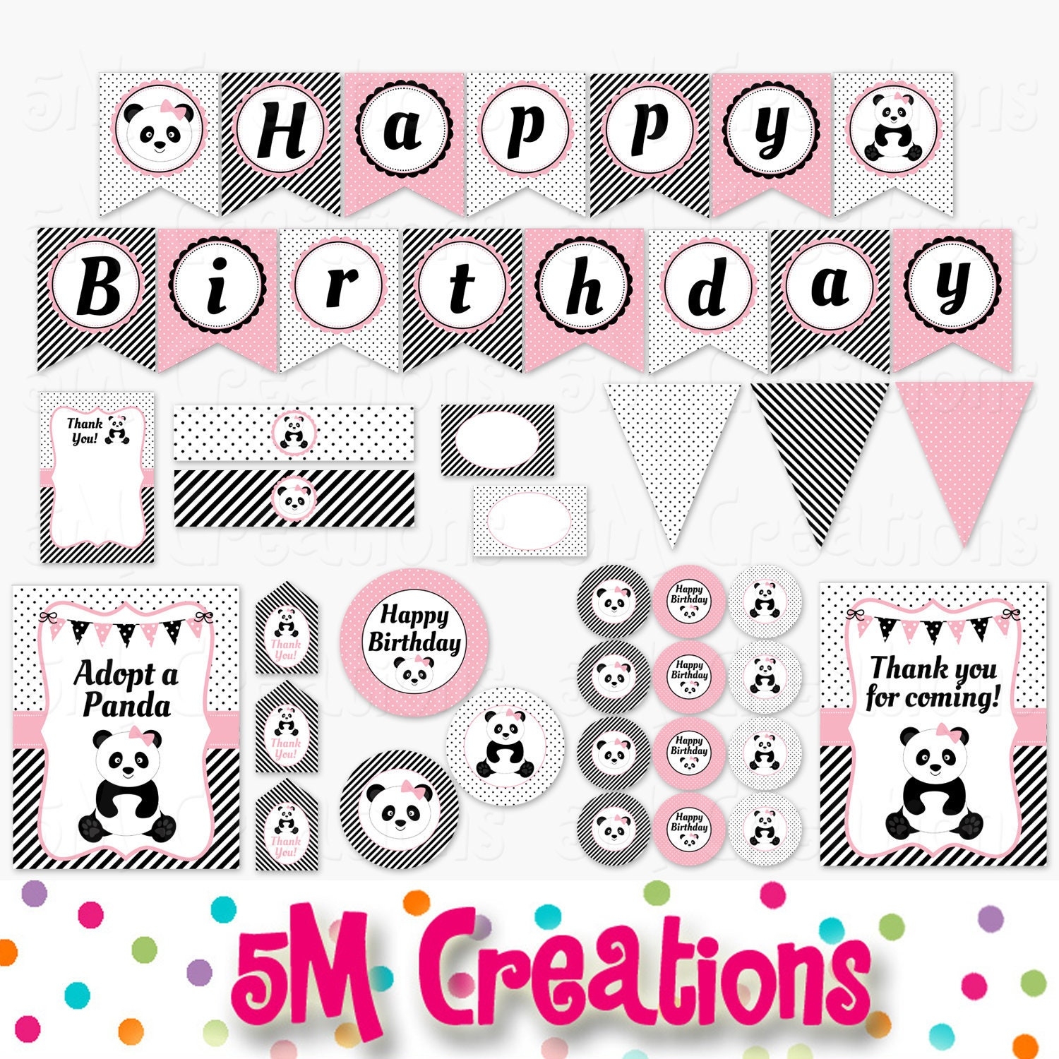 Panda Party Decor Panda Birthday Party Printables Printable Pink Black Panda Cupcake Toppers Banner First Birthday Instant Download Etsy