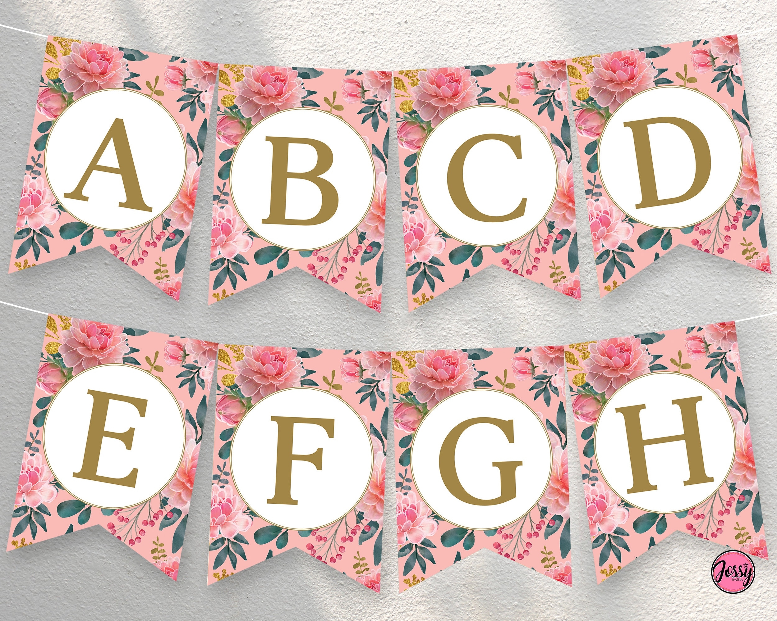 Pink Floral Alphabet Banner Birthday Printable Banner Letters A To Z INSTANT DOWNLOAD Etsy