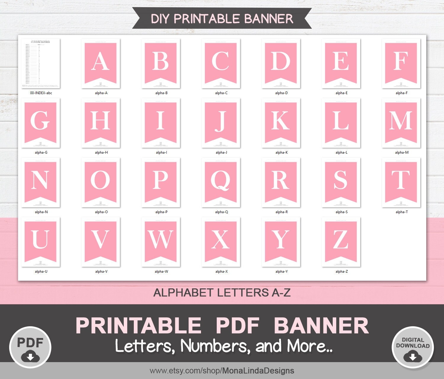 Pink Printable PDF Banner printable Alphabet Letter Banner printable Swallowtail Banner bunting a z Banner Template pink Baby Shower Banner Etsy