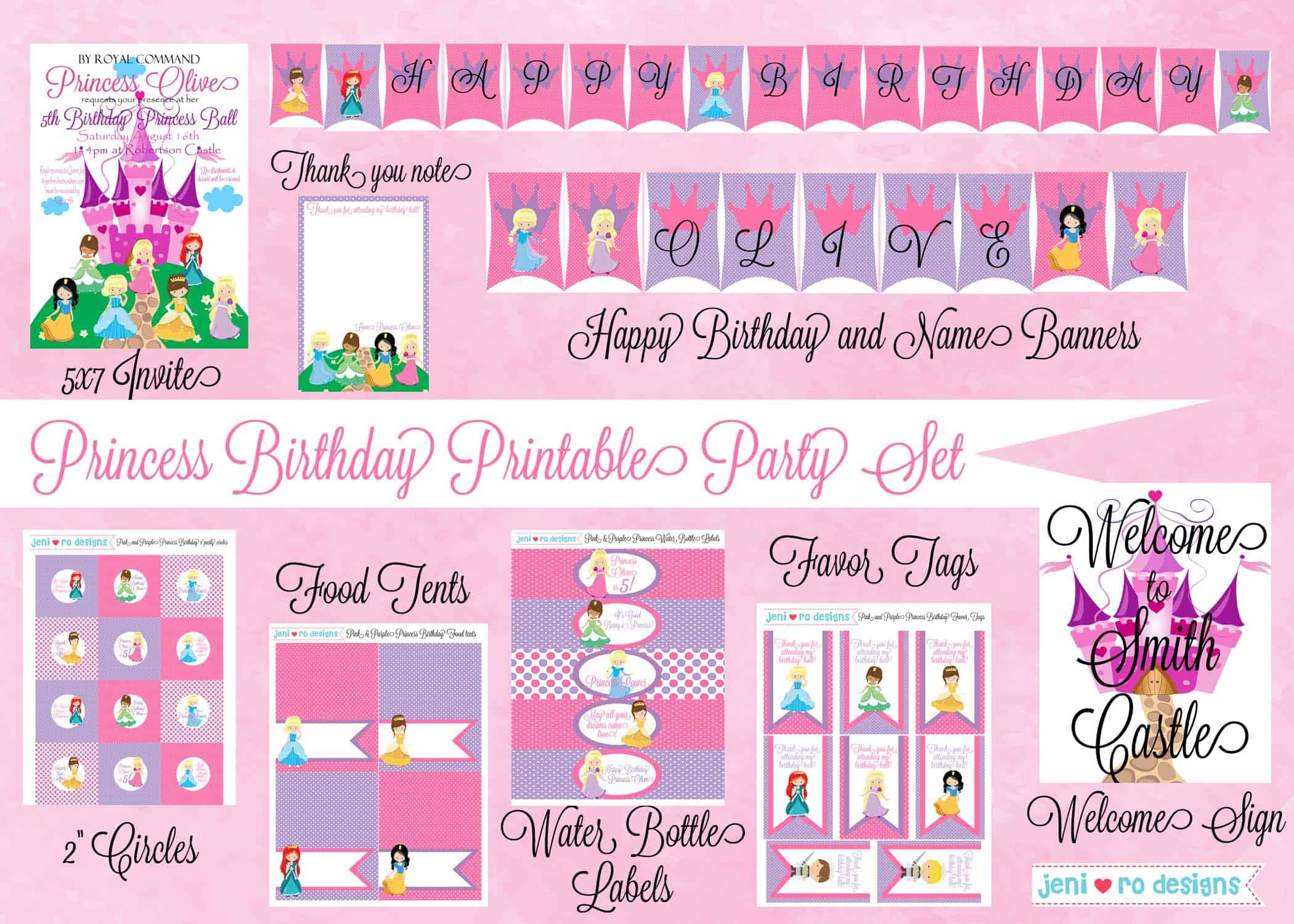 Princess Birthday Party Printable Set Princess Birthday Princess Party Decorations Printable Decor Pink Purple Princess Jeni Ro Designs