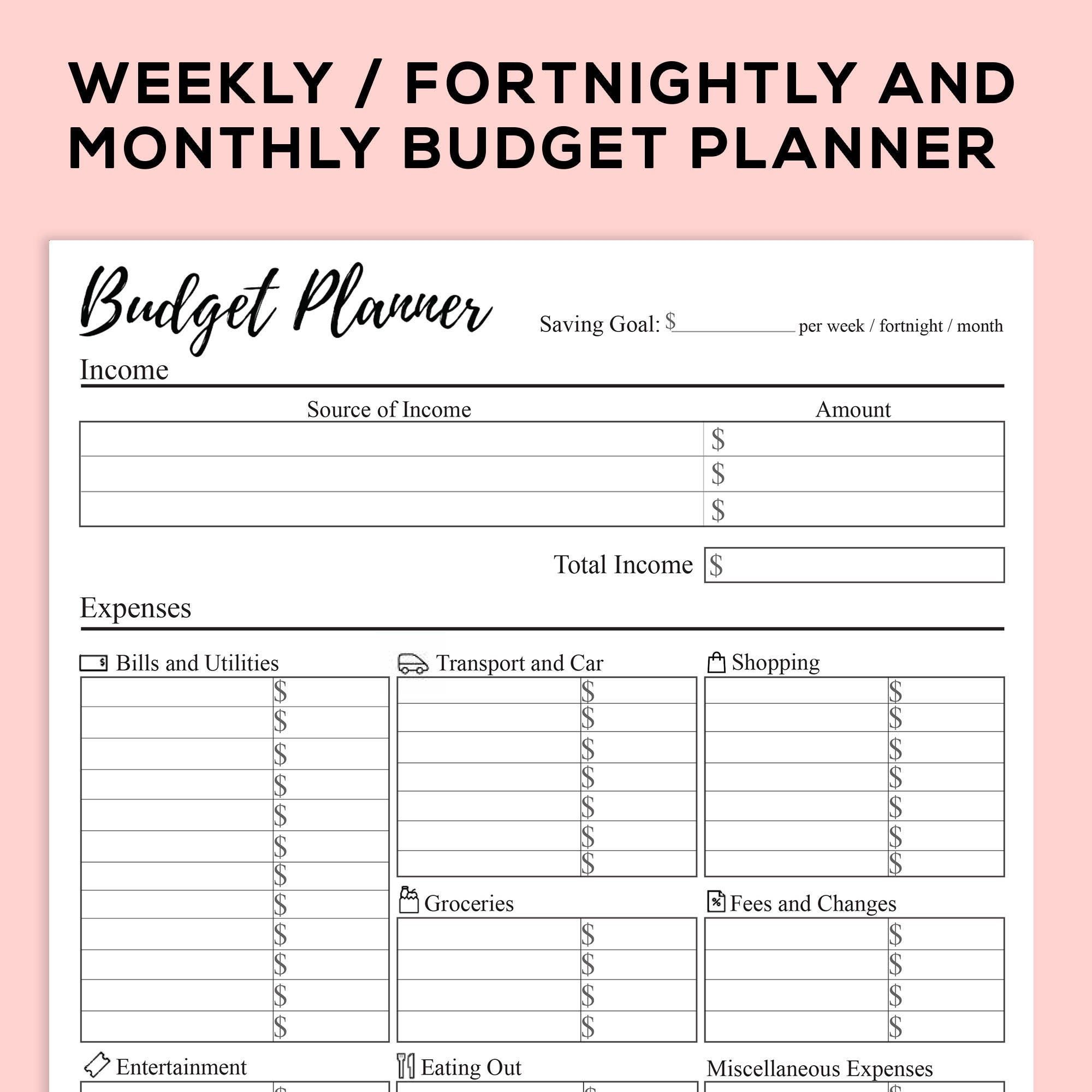 Printable Budget Planner Weekly Fortnightly Monthly Tracker PDF Etsy