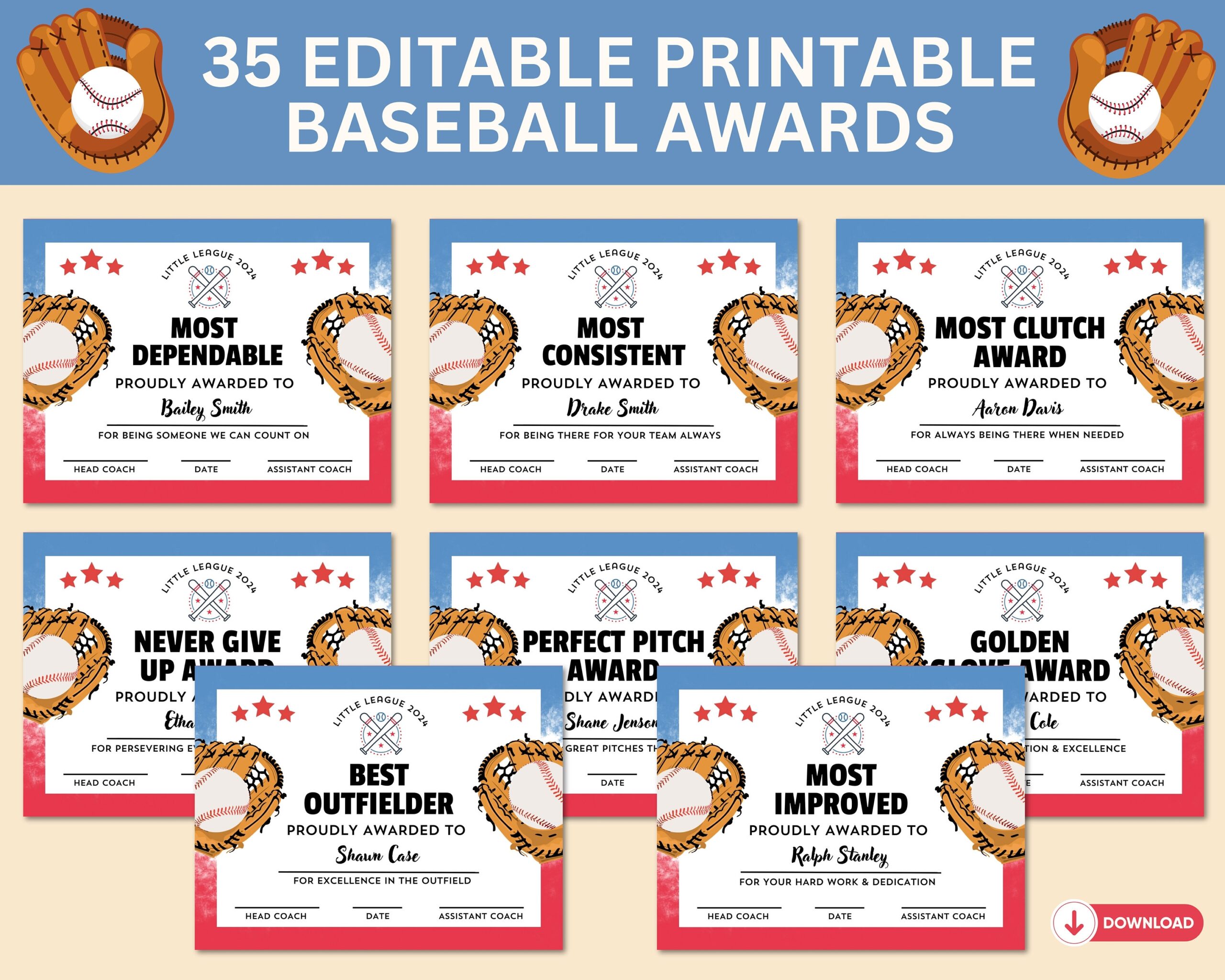 Printable Editable Baseball Team End Of Season Award Certificates Baseball T ball Team Party Awards Bundle DIY Kids Award Template Etsy