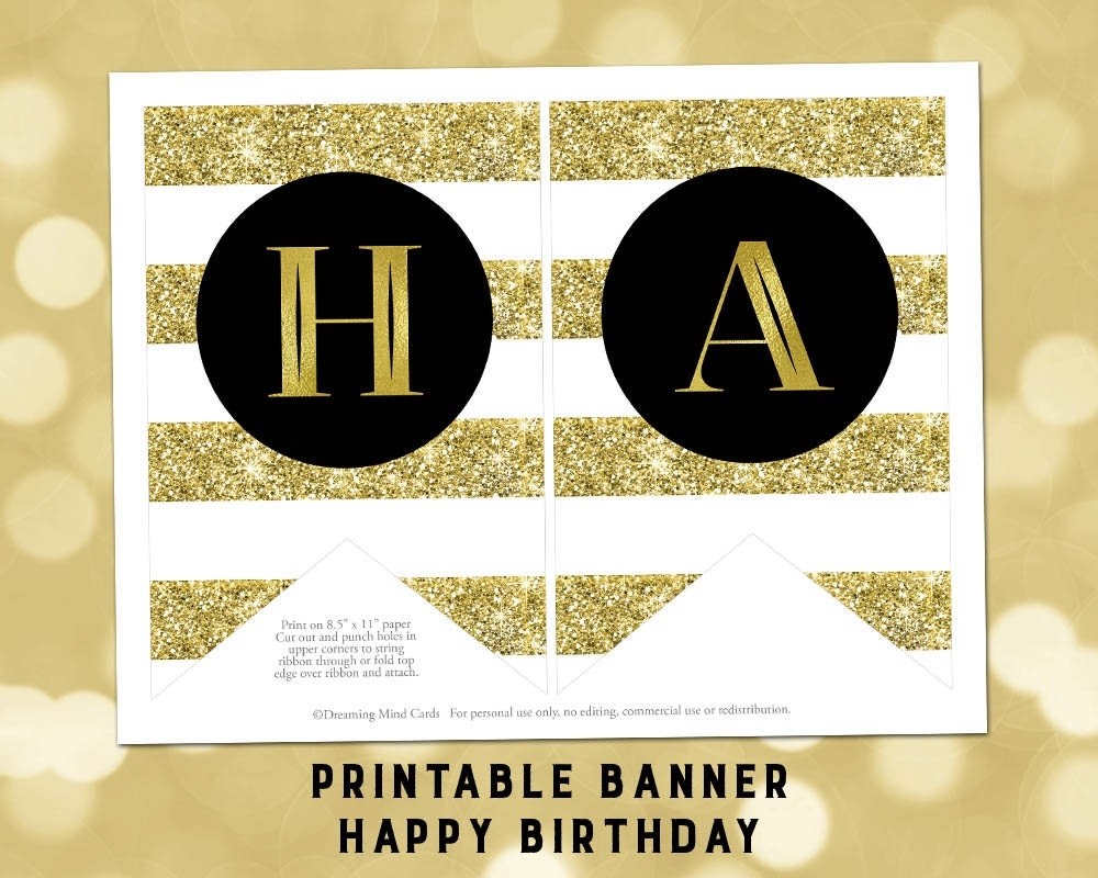 Printable Happy Birthday Banner Gold Stripes Black And White Bunting Instant Digital Download Birthday Party Etsy
