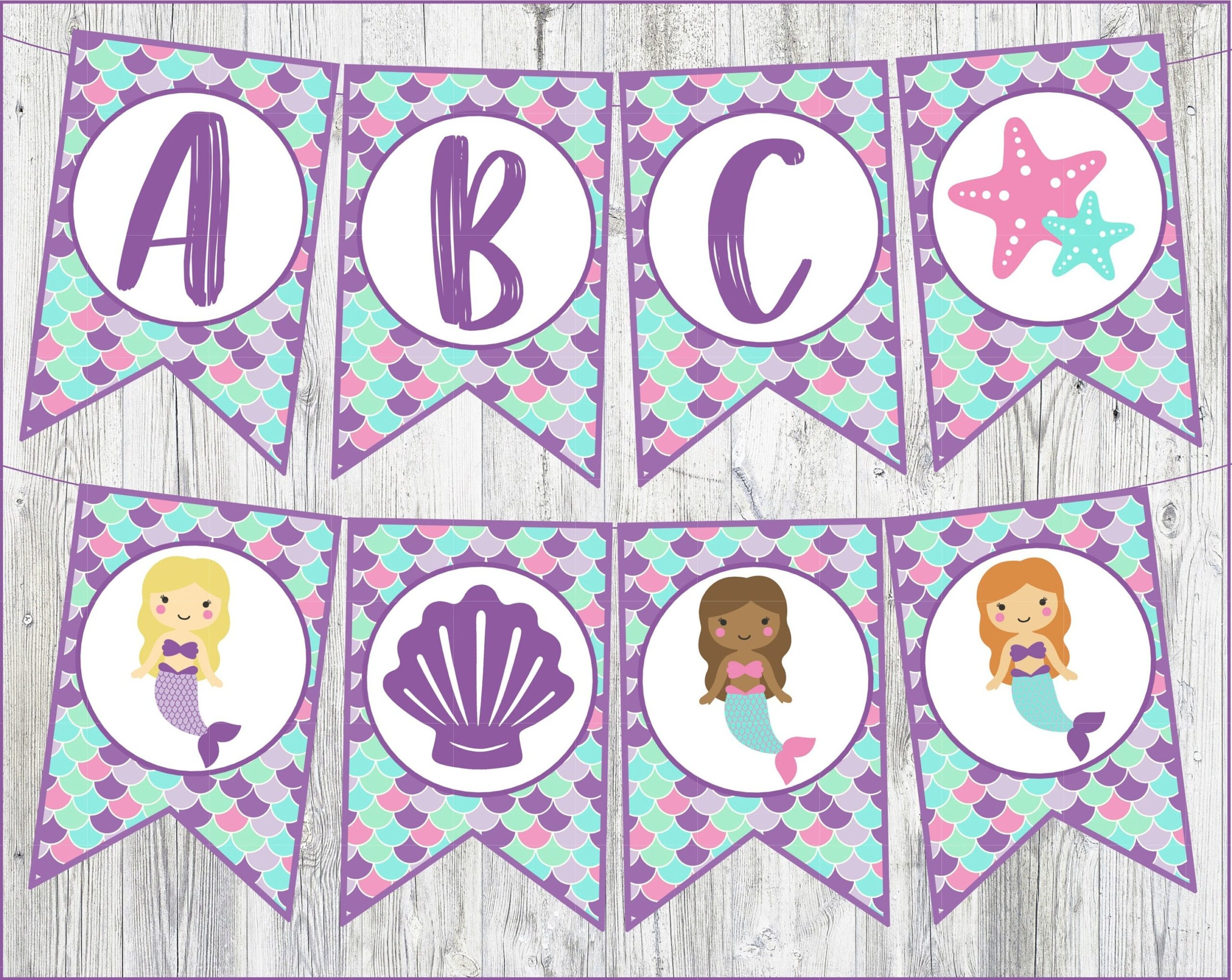 Printable Mermaid Banner With FULL ALPHABET Happy Birthday Numbers 0 12 Plus Mermaids Seashells And Star Fish Instant Digital Downloads Etsy