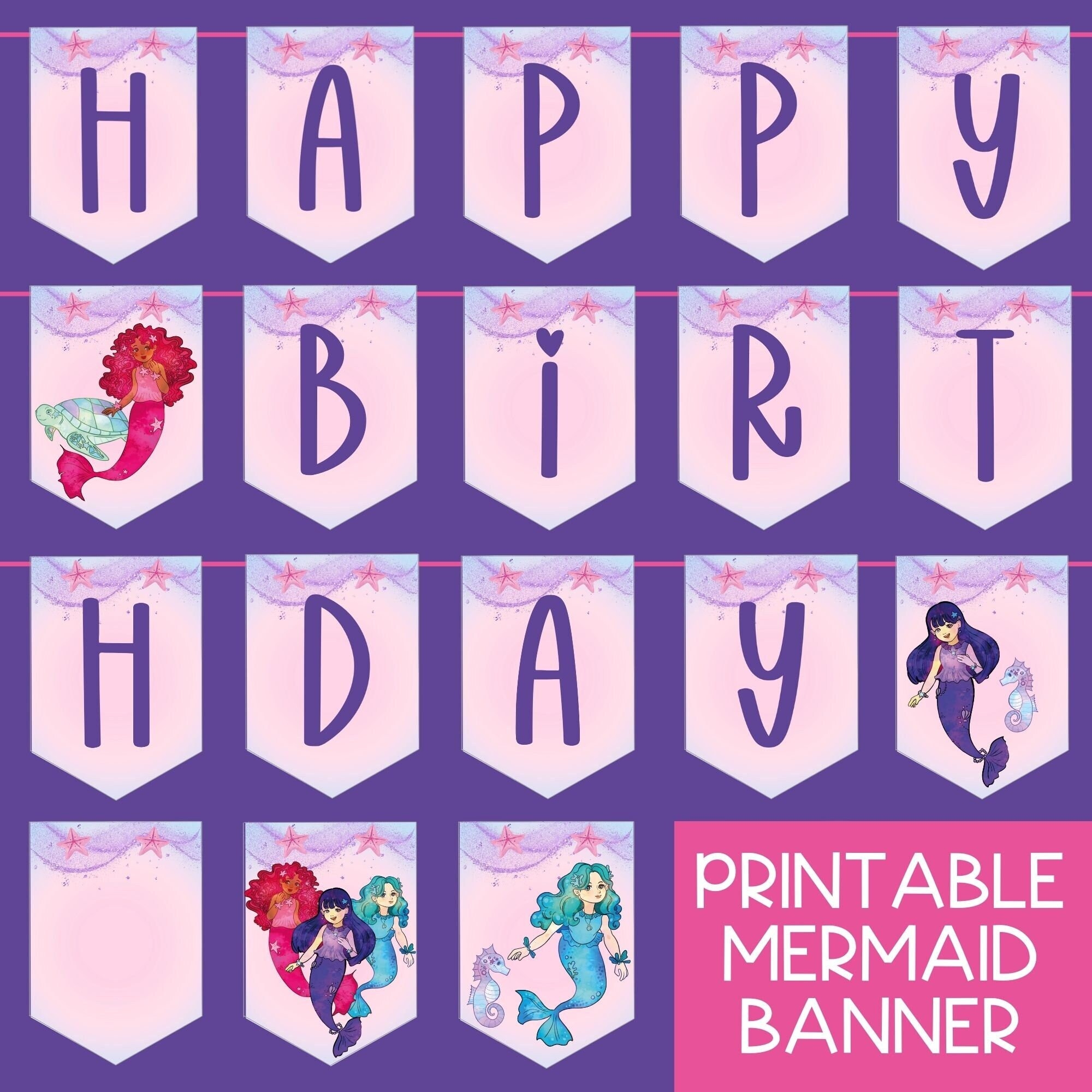 Printable Mermaid Birthday Banner Under The Sea Bunting Multicultural Mermaids Instant Digital Download Girl Party DIY Decoration Etsy