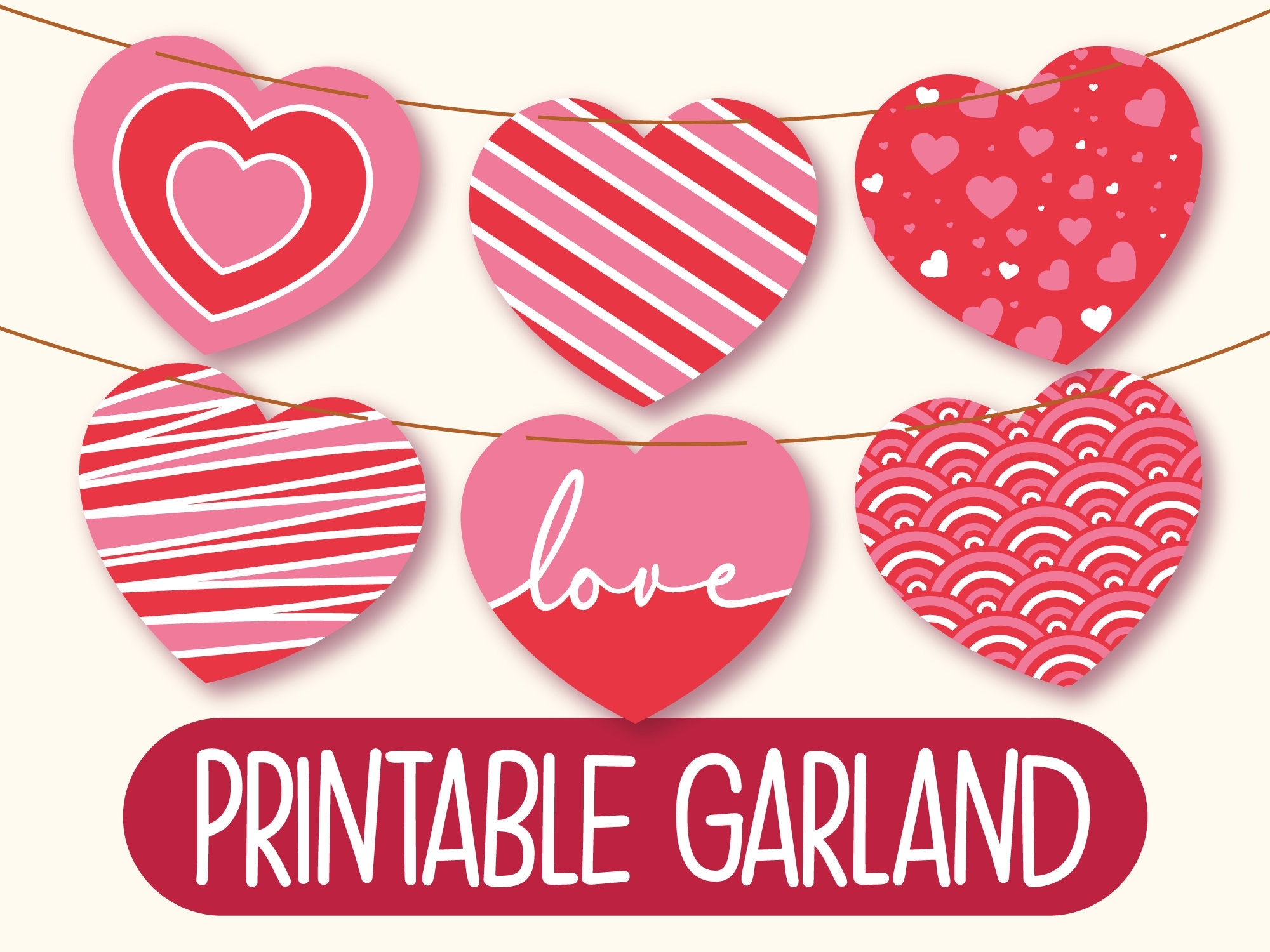 Printable Valentine s Day Banner Printable Heart Garland Printable Valentine s Day Decorations Valentine s Day Bunting Heart Wreath Etsy