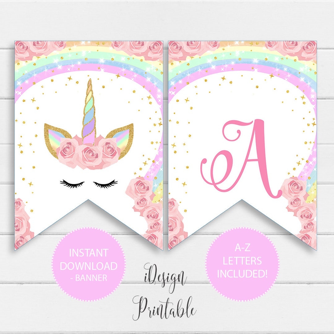 Rainbow Unicorn Birthday Banner Printable Unicorn A Z Letter Instant Download File Unicorn Birthday Garland Unicorn Happy Birthday Banner Etsy
