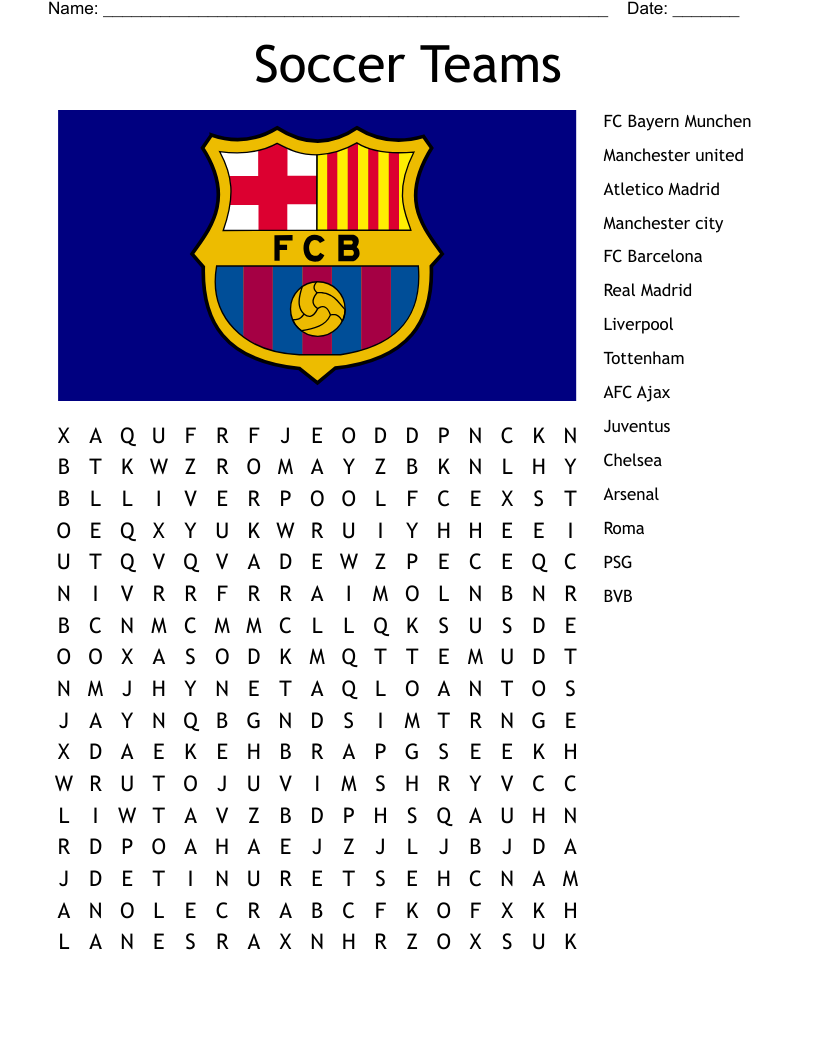 Soccer Teams Word Search WordMint