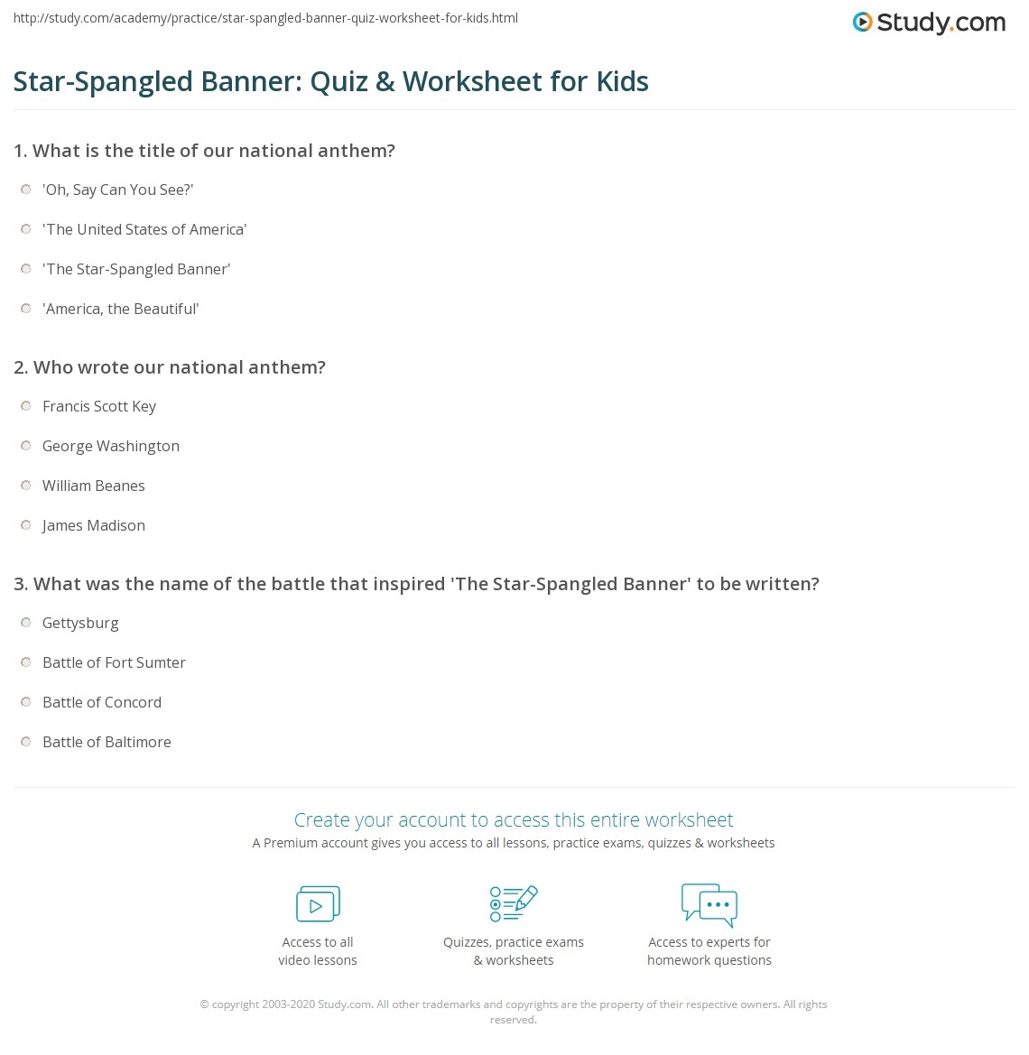 Star Spangled Banner Quiz Printable