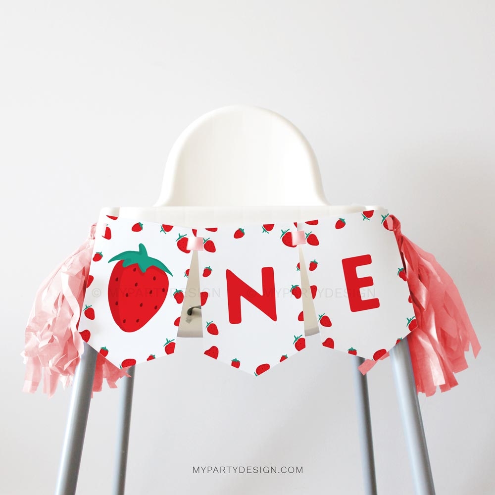 Strawberry Birthday High Chair Banner Printable PDF My Party Design