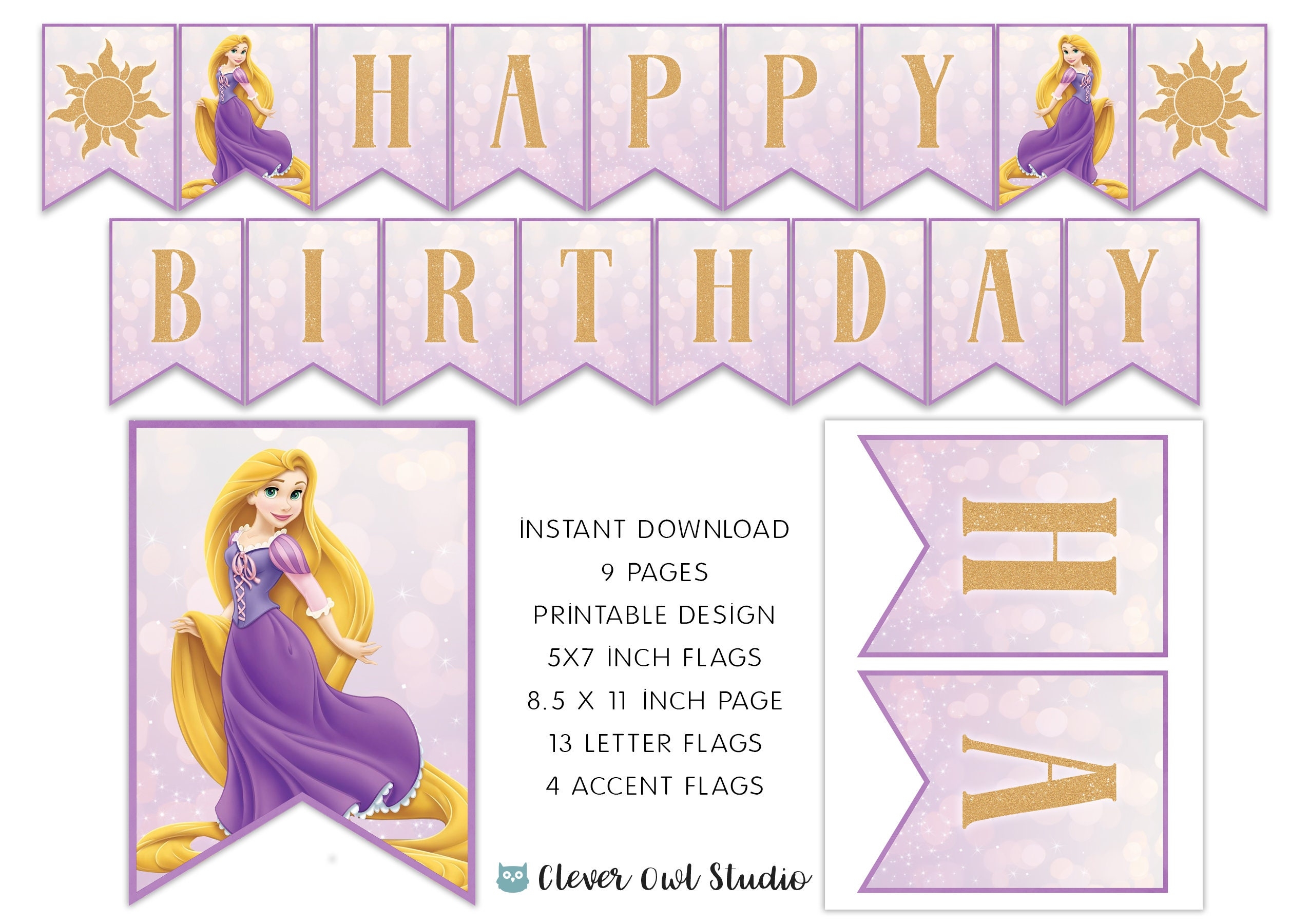 Tangled Birthday Banner Princess Rapunzel Banner Tangled Party Princess Printable Purple Princess Banner Digital Instant Download DIY Etsy