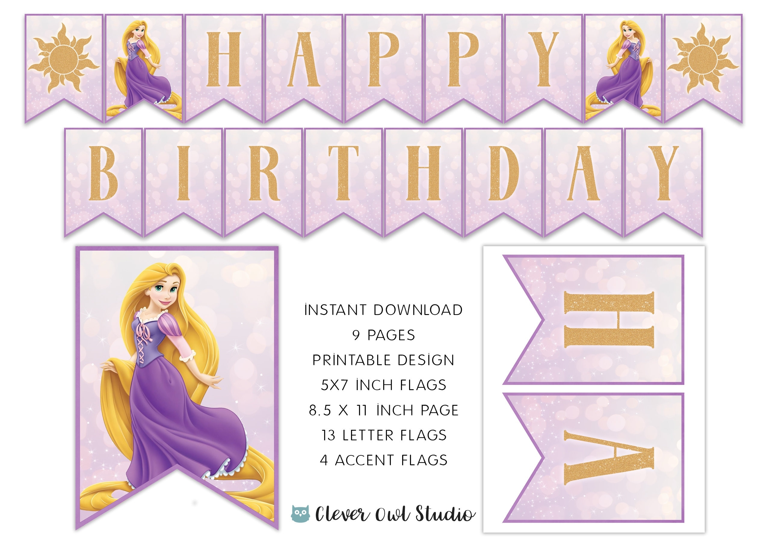 Tangled Birthday Banner Princess Rapunzel Banner Tangled Party Princess Printable Purple Princess Banner Digital Instant Download DIY Etsy