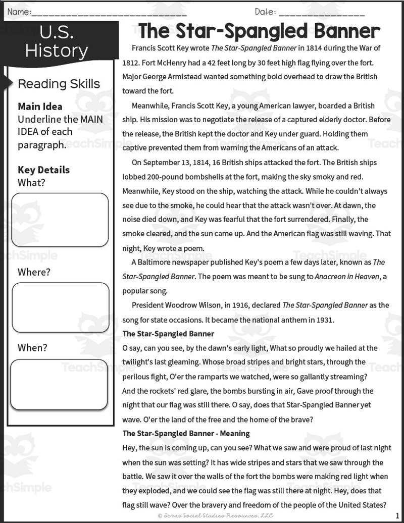 The Star Spangled Banner I Printable 2nd 3rd Grade TeacherVision Worksheets Library