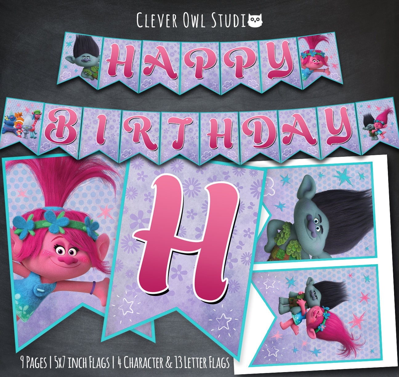 Trolls Banner Trolls Birthday Banner Trolls Party Trolls Printables Poppy And Branch Trolls Characters Digital DIY Etsy