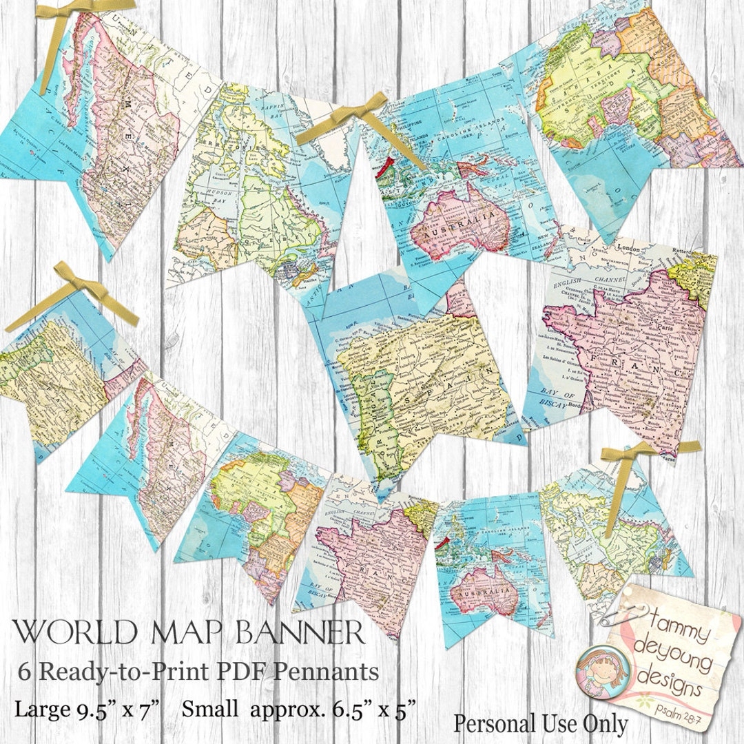 World Map Bunting Map Garland Printable Map Banner Travel Theme Graduation Travel Decor Wedding Birthday Baby Shower Places You Go Etsy