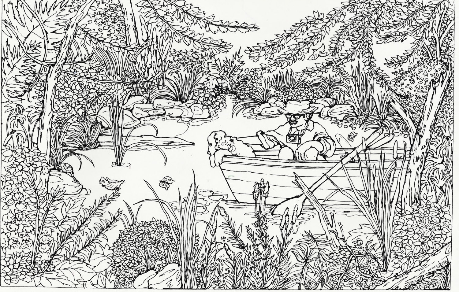 Adult Coloring Page DIY Printable Download To Color Pretty Nature Scene Outdoors Detailed Pen And Ink Drawing Pond Man And His Dog Etsy