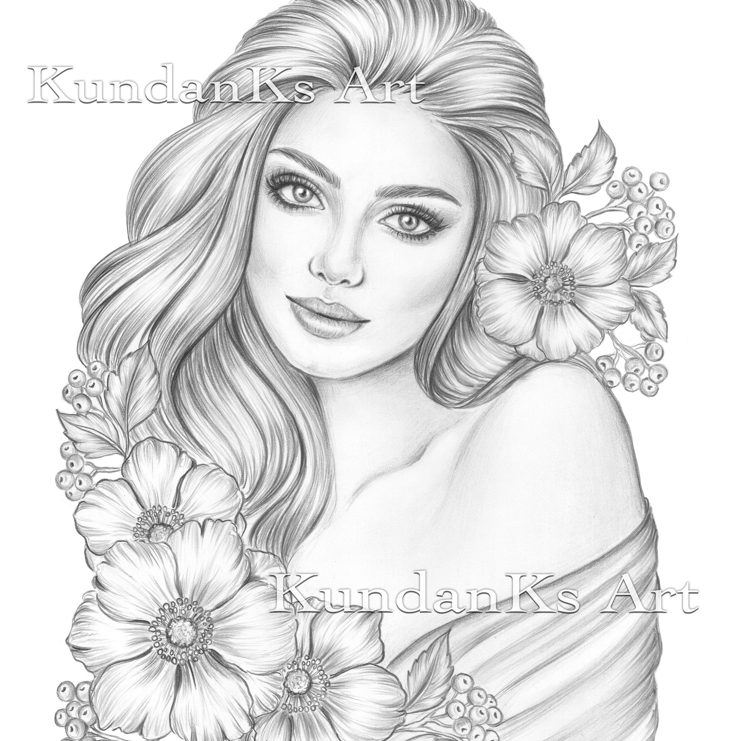 Anemone Adult Coloring Page Portrait Coloring Grayscale Coloring instant Download A4 A3 Printable Kundanks Art Etsy