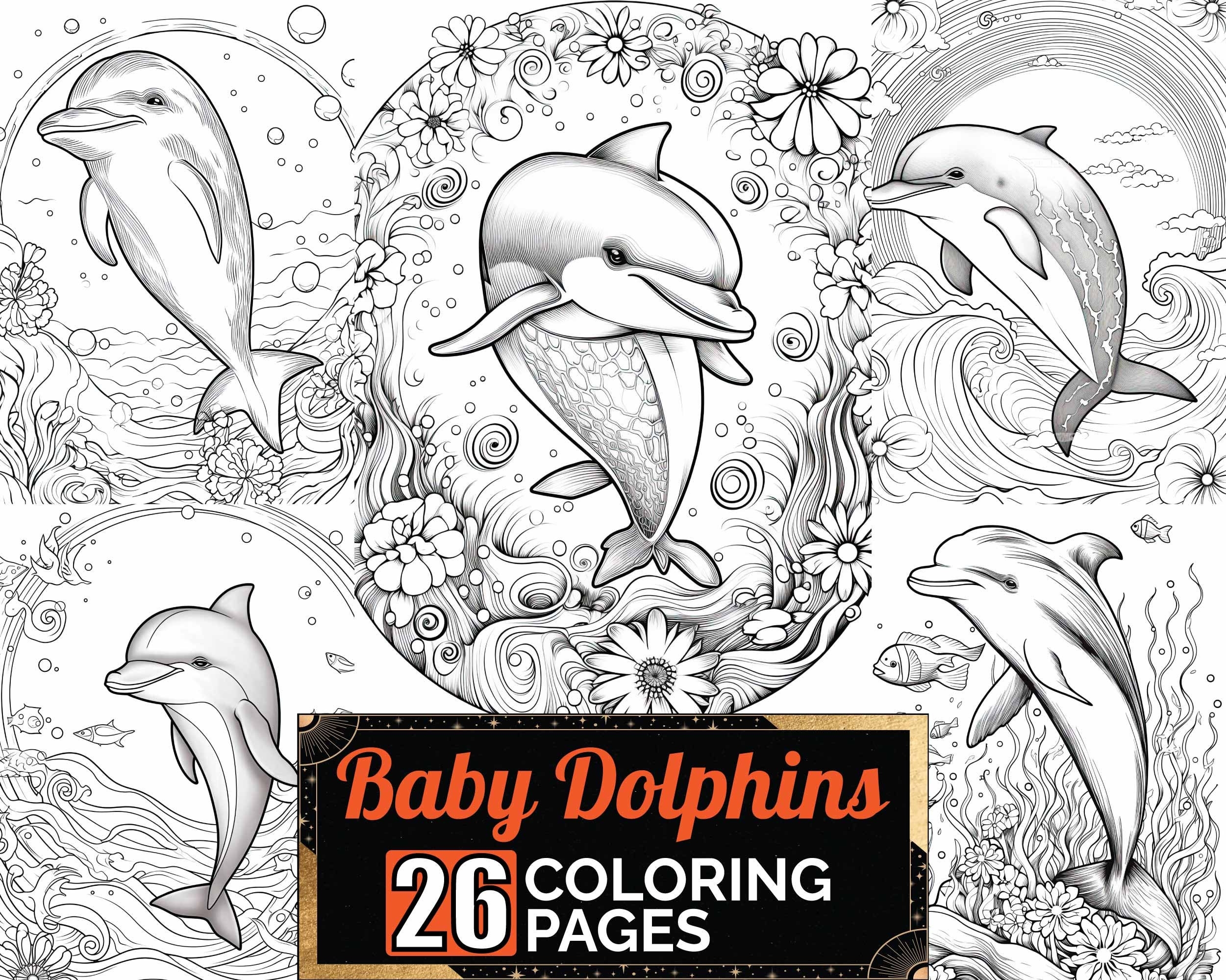 Baby Dolphins Coloring Pages 26 Premium Adult Kid Coloring Sheets Coloring Book A4 Size Printable Digital PDF Download Cute Sea World Etsy