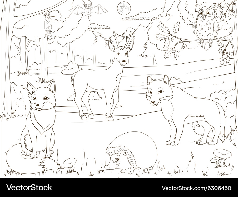 Cartoon Forest Animals Coloring Page Royalty Free Vector VectorStock Cartoon Forest Animals Coloring Page Royalty Free Vector VectorStock