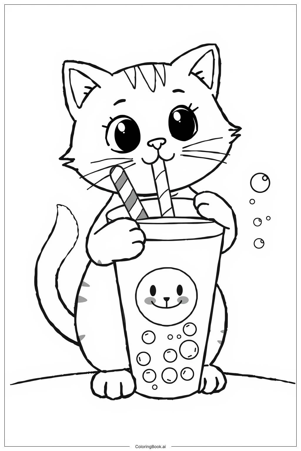 Cat With Boba Coloring Page Free PDF PNG Printable 
