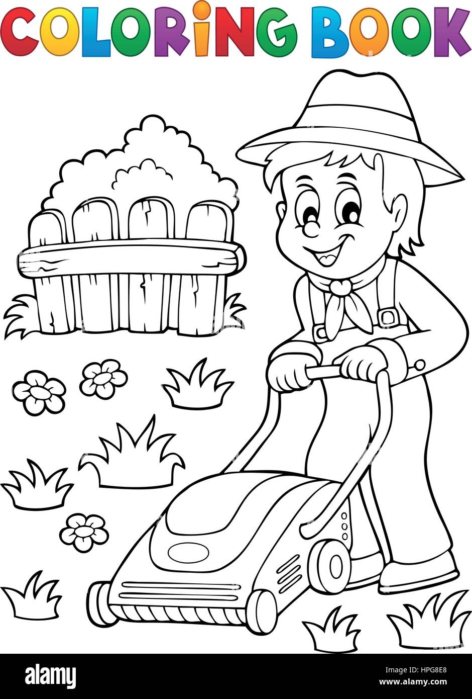 Coloring Book Gardener With Lawn Mower Eps10 Vector Illustration Stock Vector Image Art Alamy