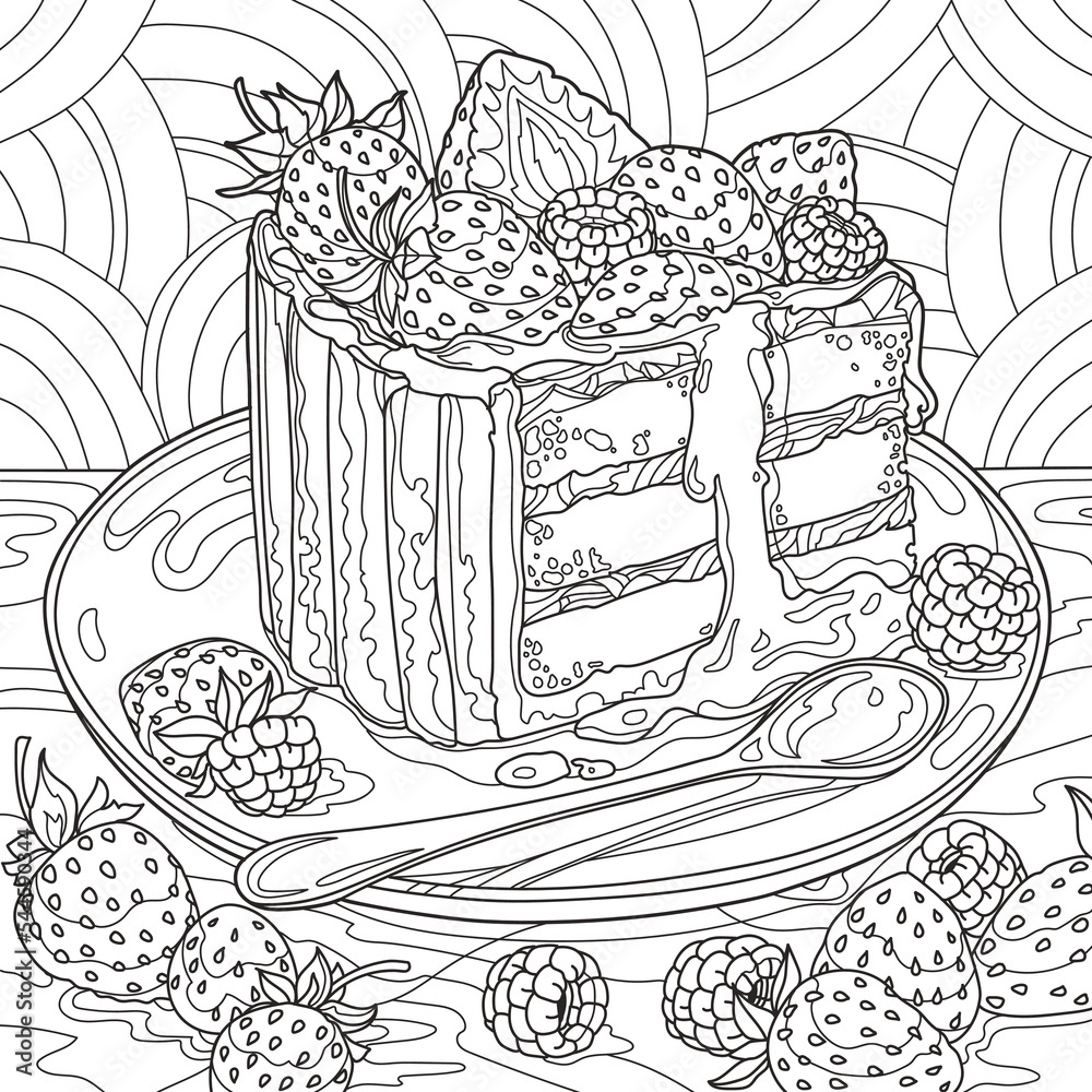 Coloring Page For Adults Piece Of Strawberry Cake Vector Illustration Stock Vector Adobe Stock