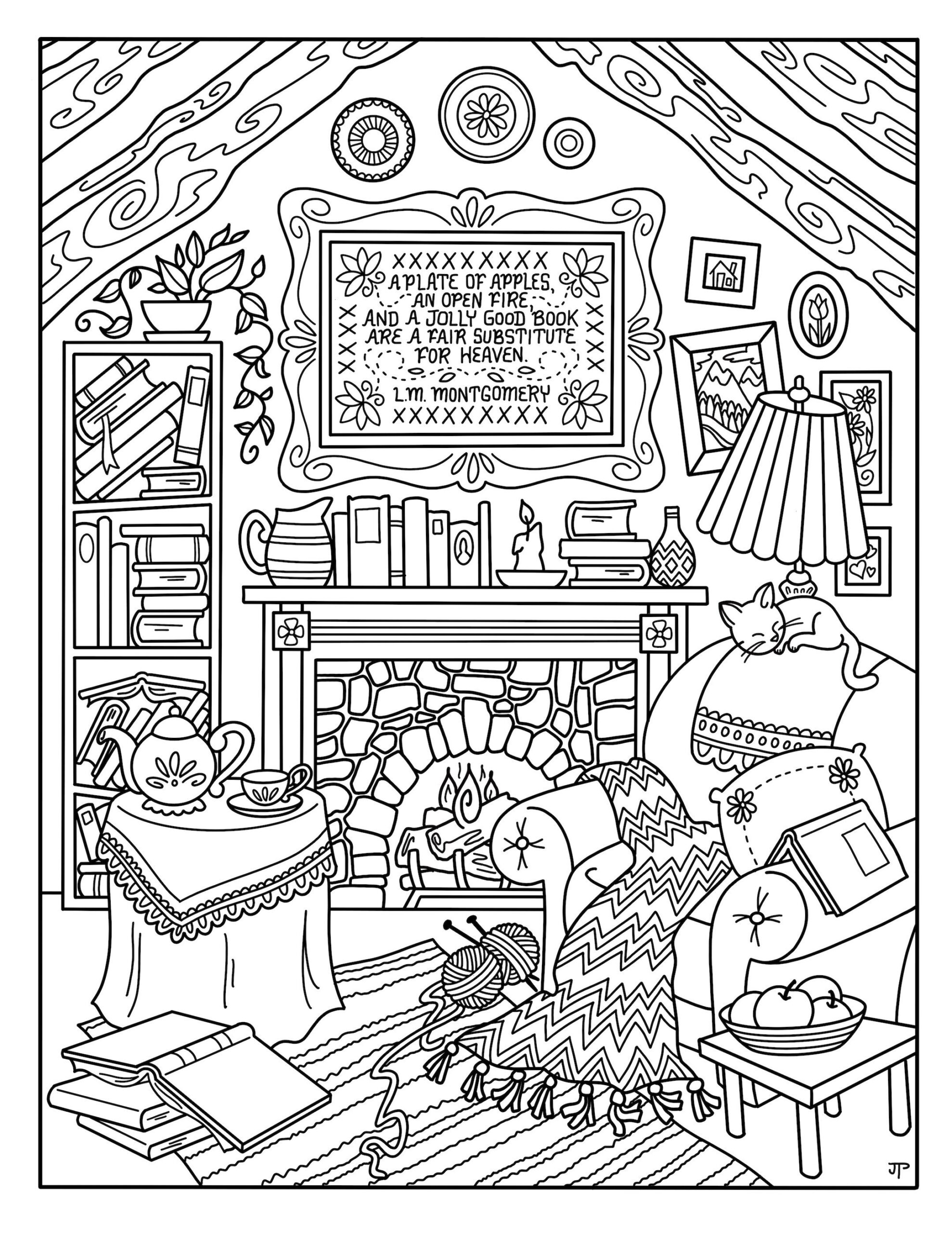 Cozy Fireside Coloring Page LM Montgomery Quote PDF Printable Download Etsy