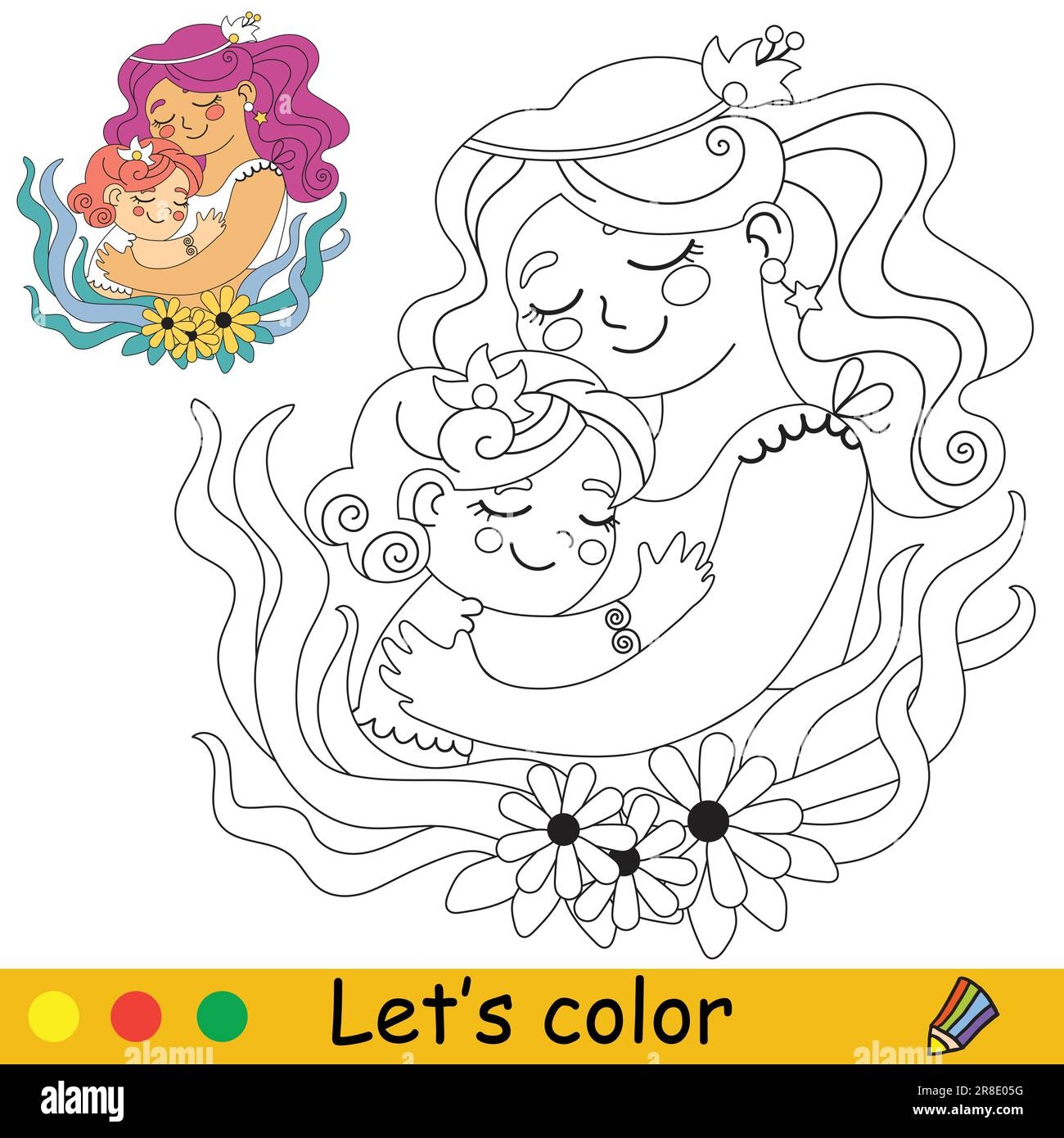 Cute And Happy Mother And Little Daughter Hugging Vector Cartoon Illustration Kids Coloring Page With A Color Sample For Print Design Poster Sti Stock Vector Image Art Alamy