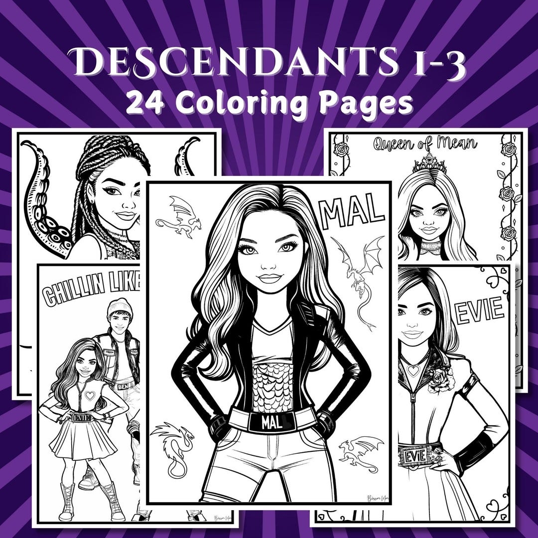 Descendants Coloring Pages Instant Download PDF Printable Descendants Color Sheets Kids Party Activity Descendants Birthday Colouring Book Etsy