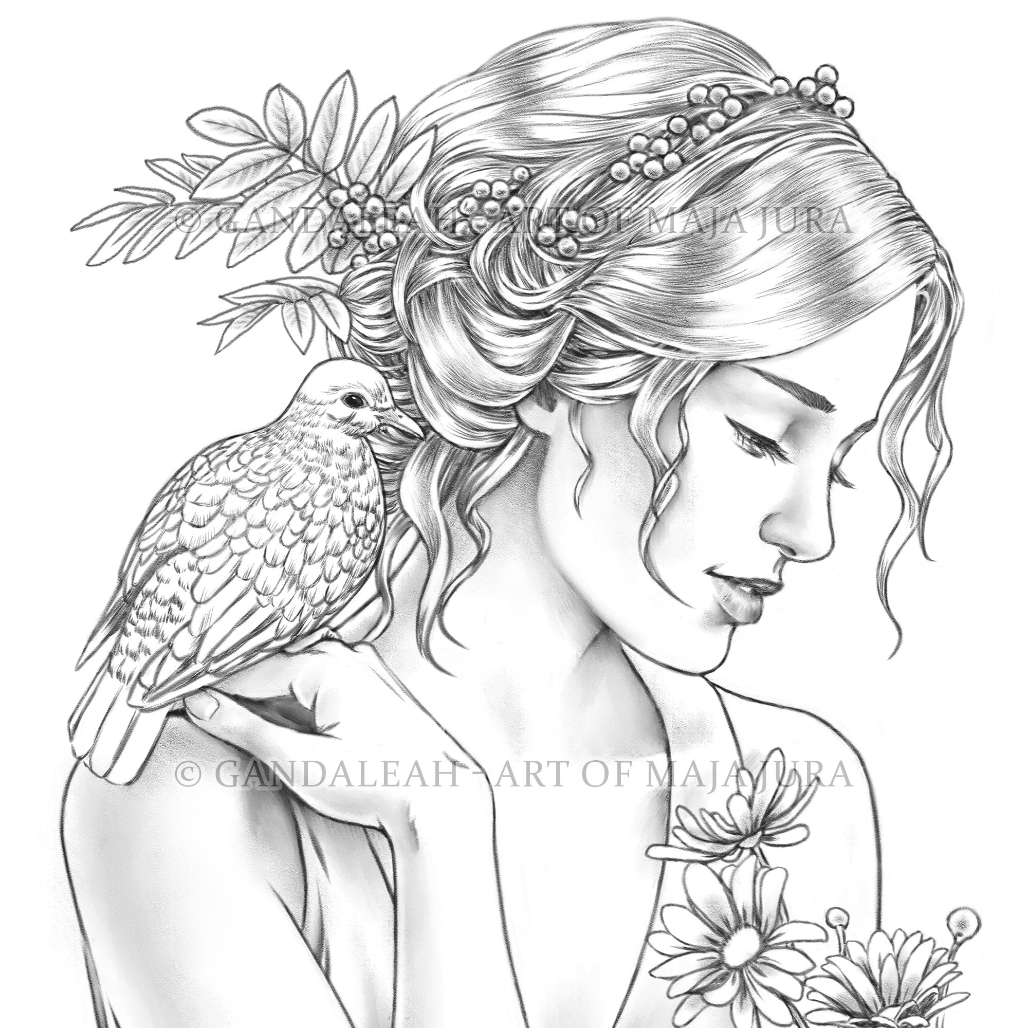 Diane Coloring Page For Adults Hand Drawn Printable Grayscale Illustration PDF JPG Etsy