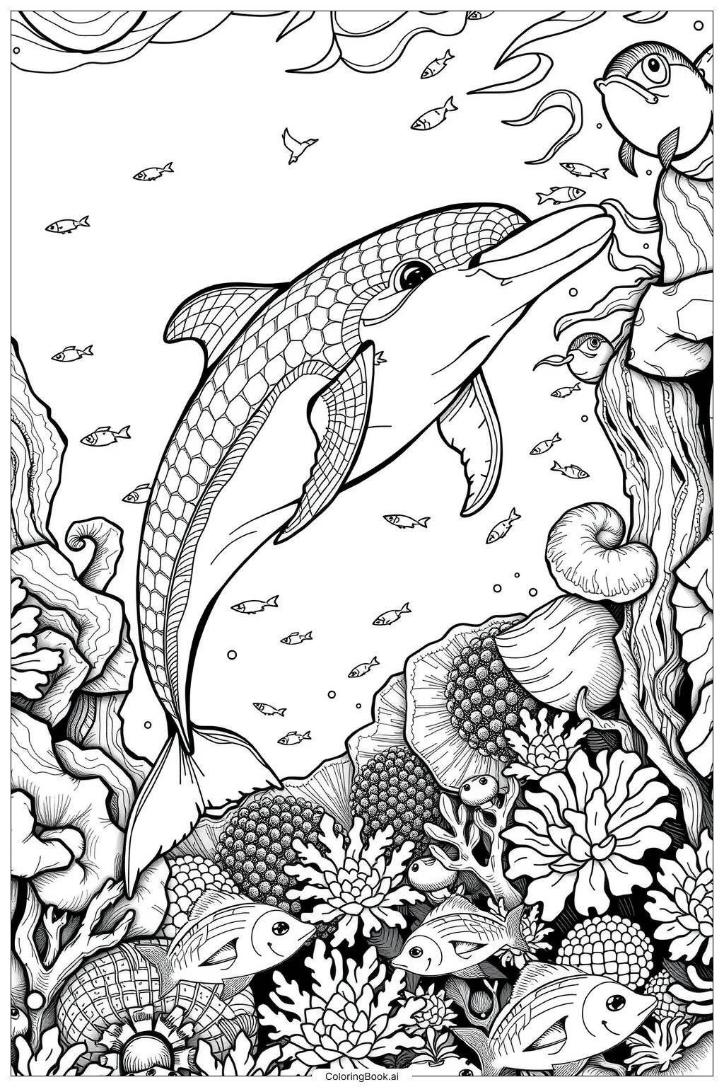 Dolphin Swimming In Crystal Clear Water Coloring Page Free PDF PNG Printable 