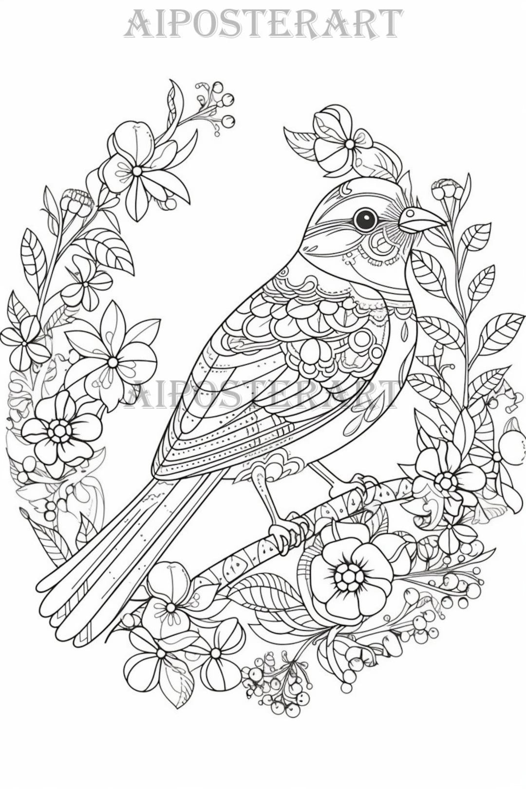 Finch Coloring Page For Adults Printable Coloring Sheet Advanced Bird Coloring Page For Adults With Floral Framing 1792x2688 Pixels Etsy