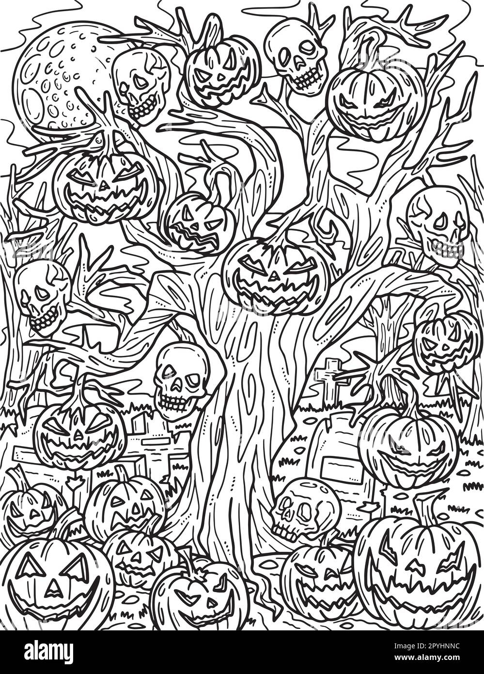 Halloween Haunted Tree Coloring Page For Adults Stock Vector Image Art Alamy