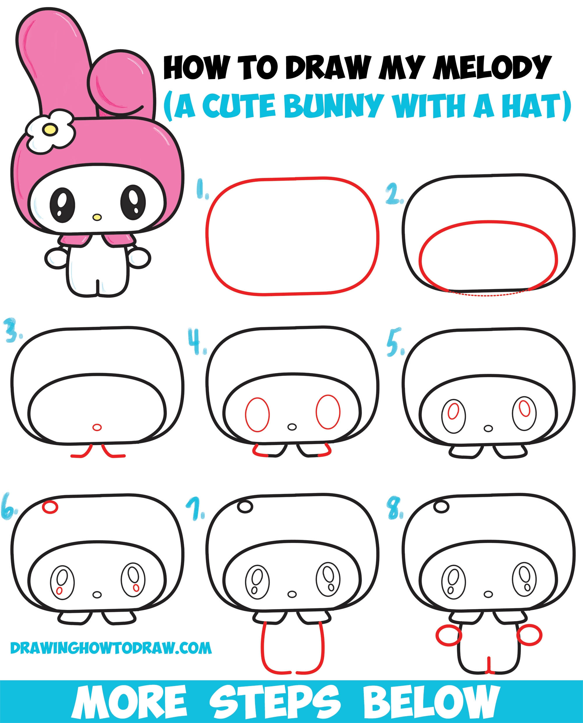 How To Draw Kawaii Chibi My Melody From Hello Kitty A Cute Bunny With A Hood On Easy Steps Drawing Lesson How To Draw Step By Step Drawing Tutorials