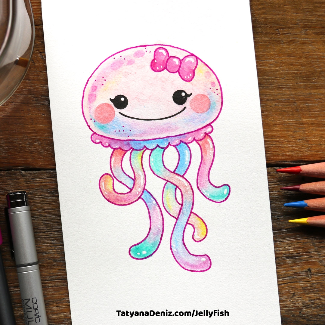 How To Draw Kawaii Jellyfish And Colour It With Watercolour Pencils