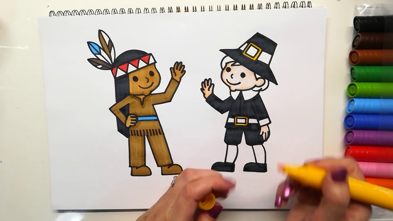 HOW TO DRAW Native American And Pilgrim Thanksgiving Series Easy Drawing For Kids YouTube