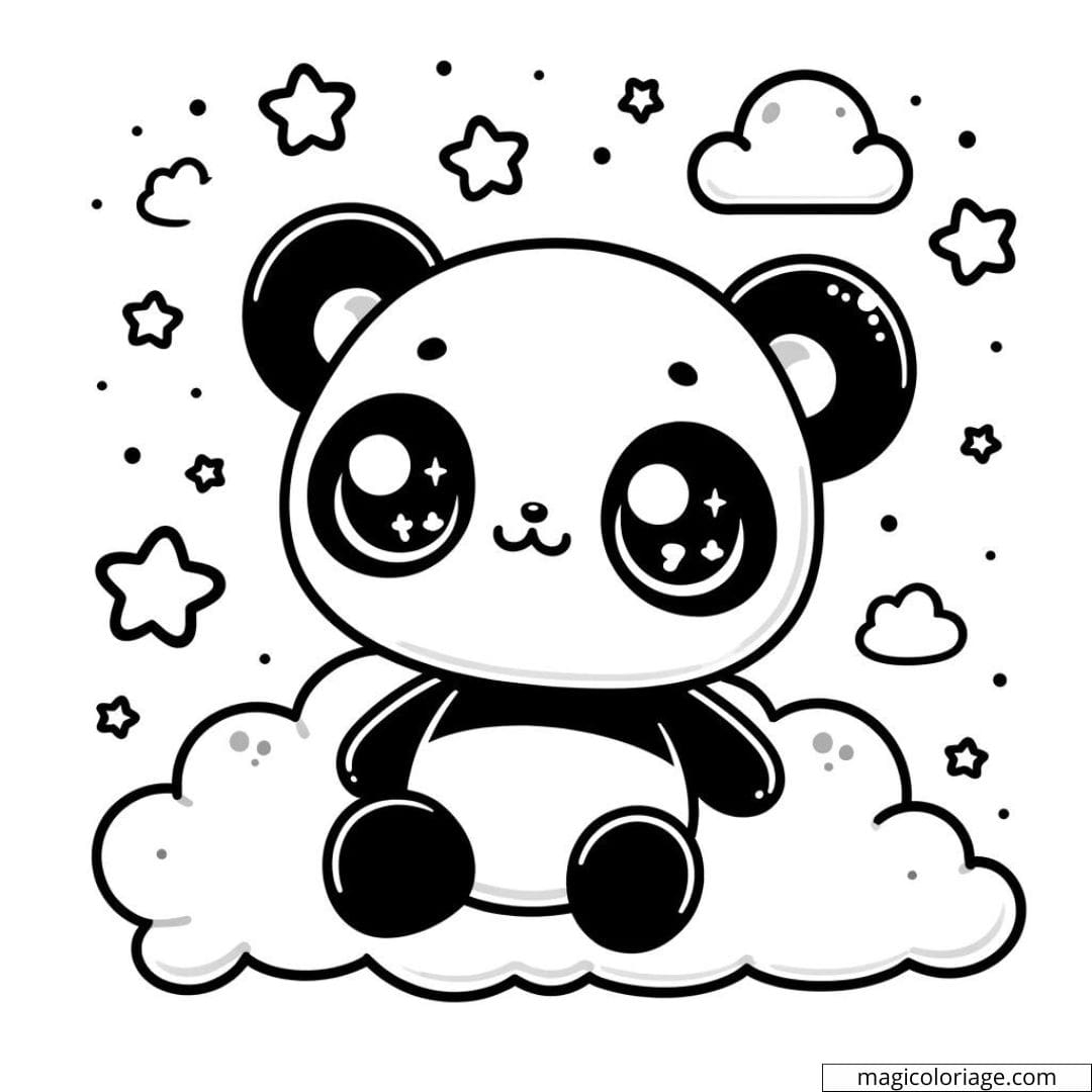 Kawaii Panda Coloring Page With Stars And A Cloud To Print