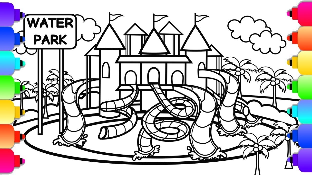 Learn How To Draw A Waterpark With Slides And A Castle Amusement Park Coloring Pages YouTube