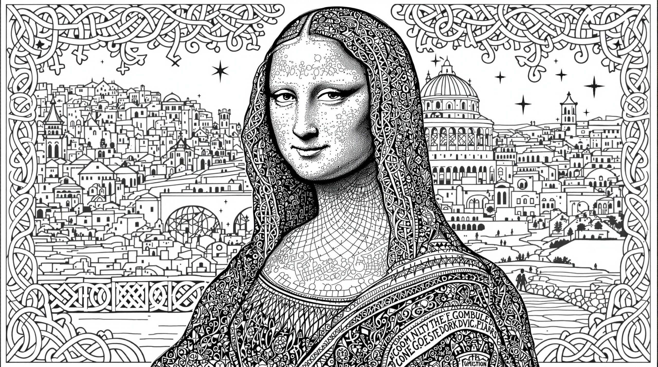 Modern Mona Lisa Adult Coloring Page With Celtic Patterns Colorazen