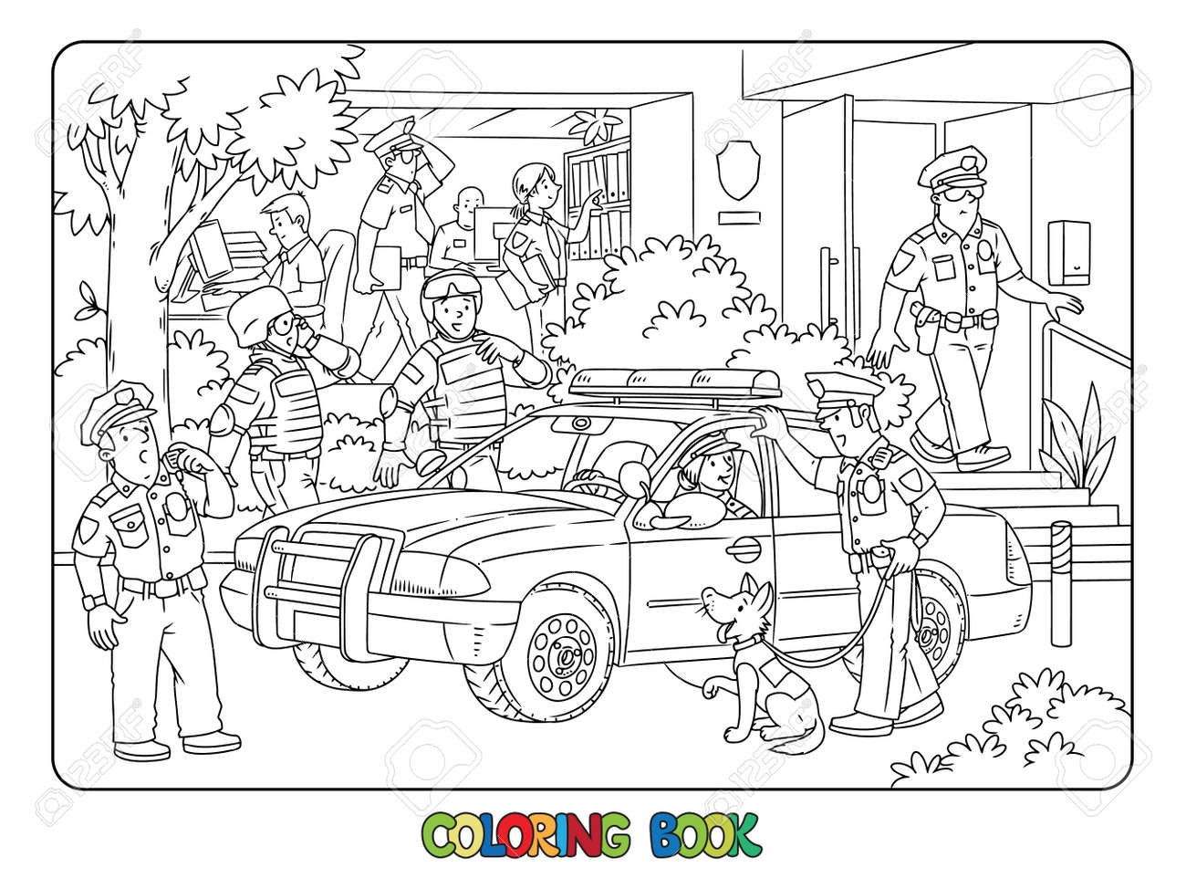 Police Station Car And Officers Coloring Book Royalty Free SVG Cliparts Vectors And Stock Illustration Image 186866853 