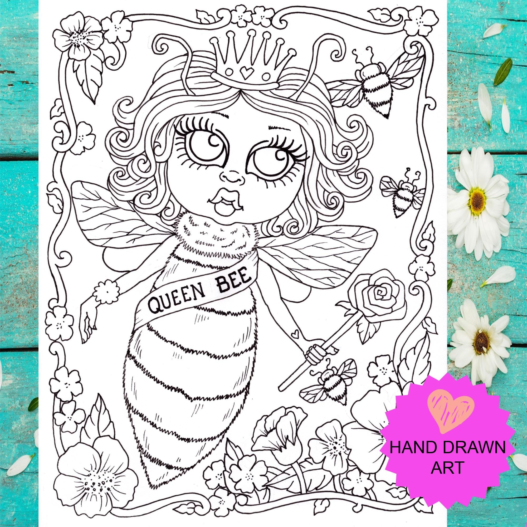 Queen Bee Coloring Page Instant Download Hand Drawn Art Etsy Israel